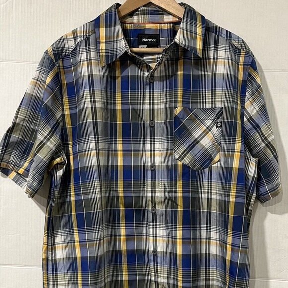 Marmot Men's Large Blue/Yellow Plaid Lightweight Button Front Short Sleeve Shirt - Picture 4 of 7
